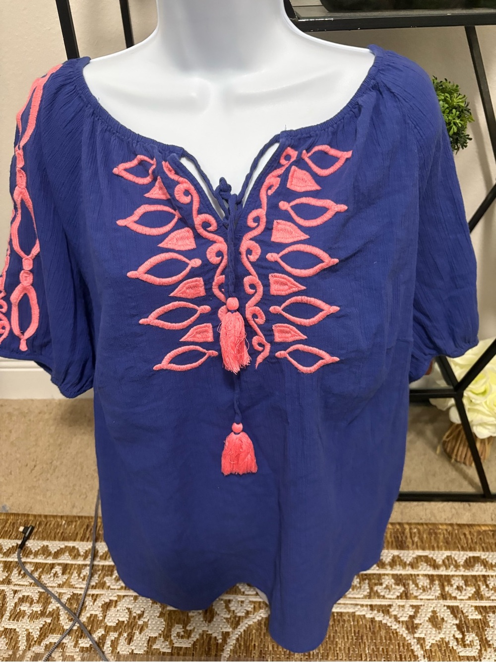 Talbots womens plus 1X short sleeve boho shirt blue pink tassels w/embroidery 1x